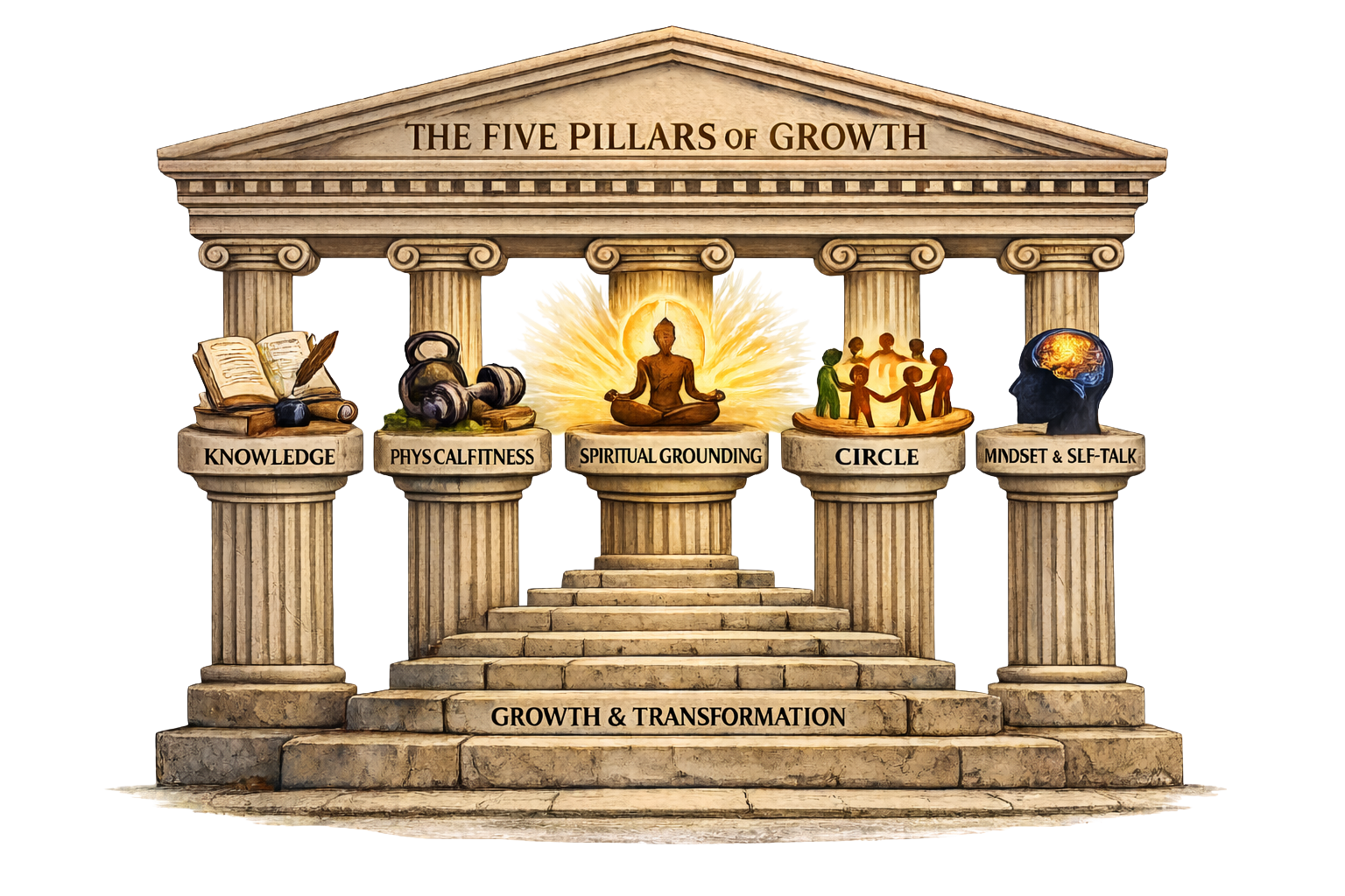A Greek-style temple illustration titled