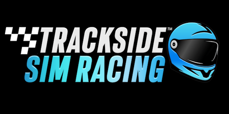 Logo for Trackside Sim Racing, black background, white checkered flag, text 