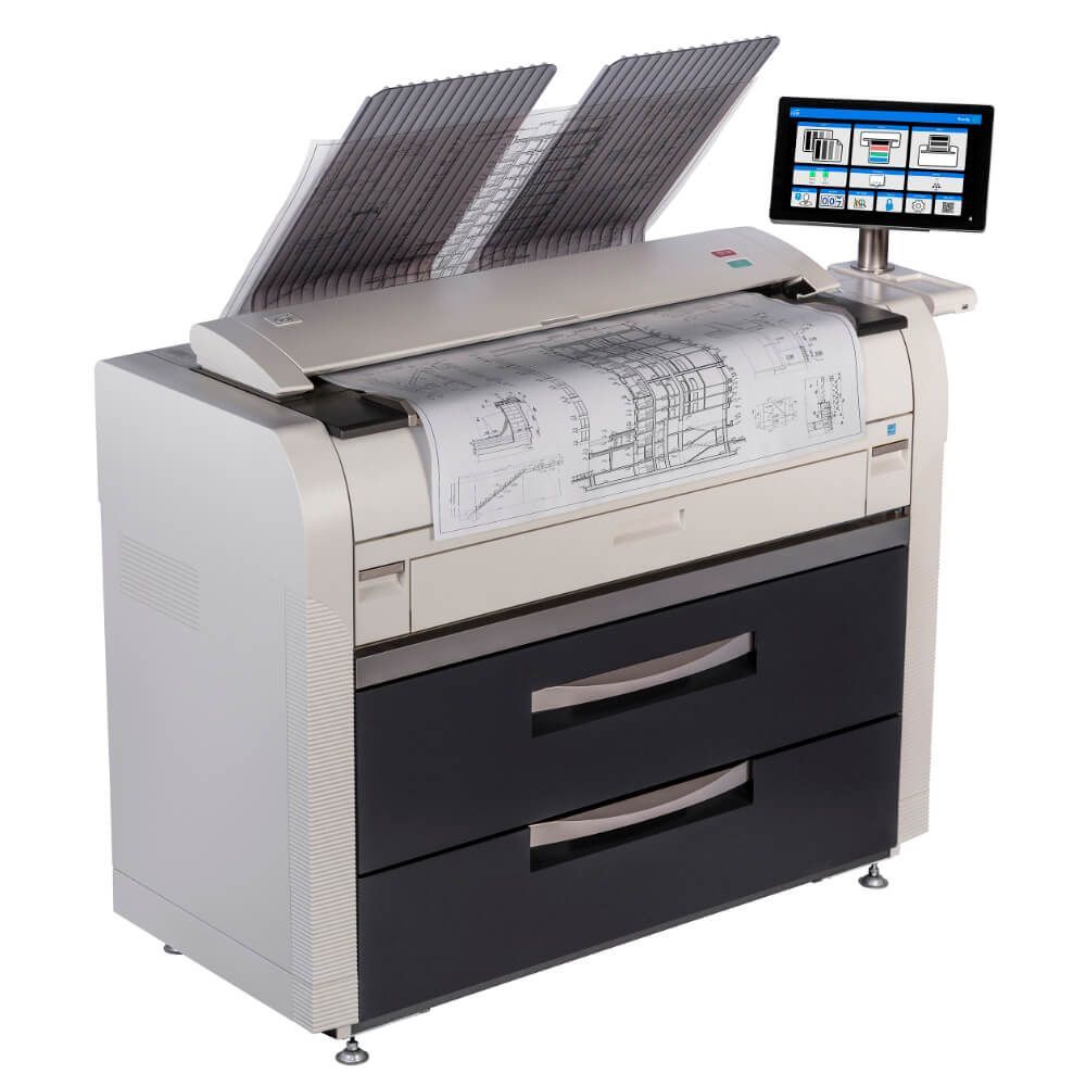 Large-format printer with a roll of paper printing a blueprint. Has a touch screen display.
