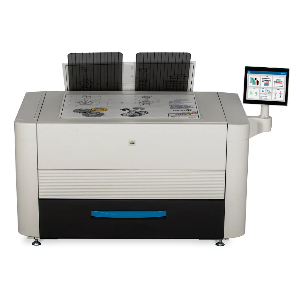 Large format printer with touchscreen interface. White, black, and blue color scheme.