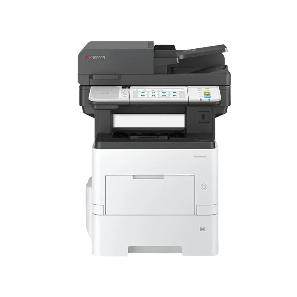 Kyocera multi-function printer, white and black, with document feeder on top and touch screen control panel.