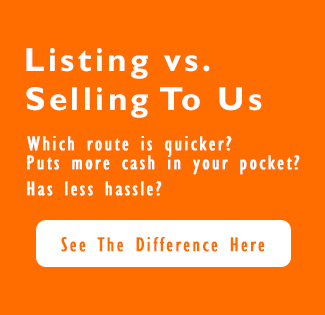An orange sign that says listing vs. selling to us