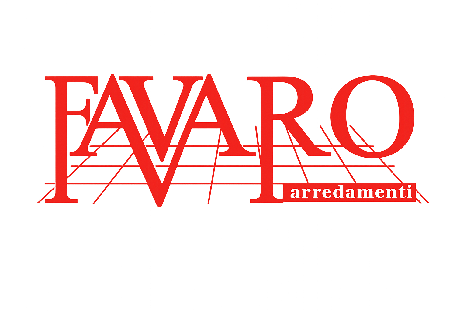 Logo Favaro arredamenti in rosso, con linee della griglia sotto il testo.