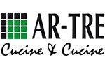 Logo per AR-TRE Cucina & Cucine. Motivo a quadrati neri e verdi, scritta "AR-TRE" e scritta "Cucine & Cucine" in corsivo.