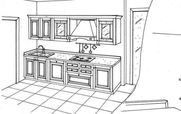Disegno a tratteggio di una cucina con pensili e pensili inferiori, lavello, piano cottura e cappa aspirante.