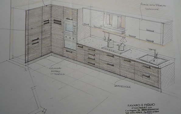 Schizzo di un progetto di cucina disegnato a mano nei toni del grigio, che mostra mobili, elettrodomestici e lavello.