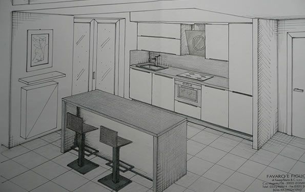 Schizzo a matita di una cucina con isola e sgabelli da bar. Mobili ed elettrodomestici sono sulla parete di fondo.