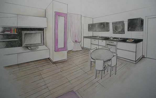 Schizzo di interior design di una cucina e zona giorno combinate, con mobili e pavimenti in legno.
