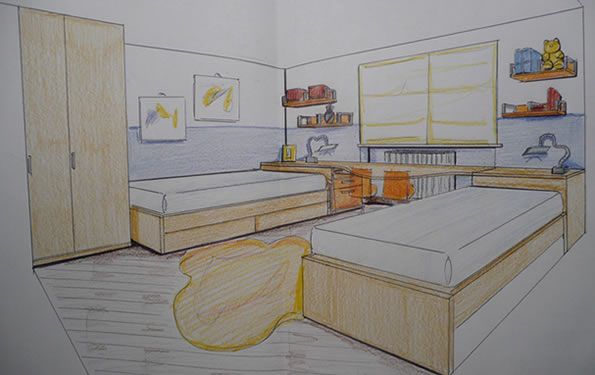 Schizzo dell'interno della camera da letto, con due letti, una scrivania, un armadio e scaffali con oggetti colorati.