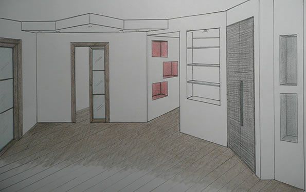 Schizzo prospettico interno di una stanza con porte, scaffali e vani a parete. Presenta pareti grigio chiaro e pavimento marrone.
