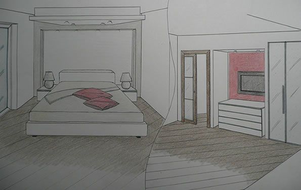 Schizzo dell'interno della camera da letto con letto, comodini, cassettiera incorporata, armadio e TV.