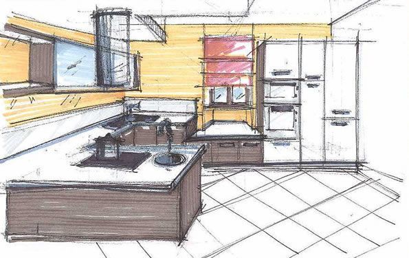 Schizzo di cucina con isola marrone, mobili bianchi, pareti gialle e cappa in acciaio inossidabile.