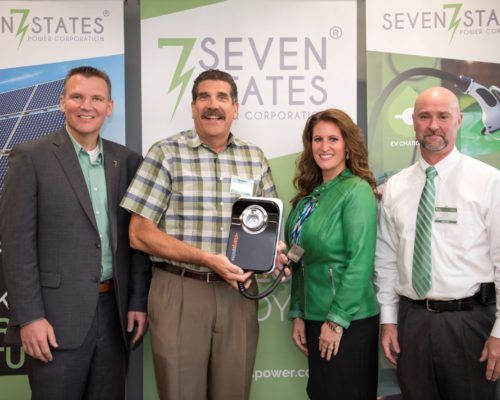 A group of people standing in front of a sign that says seven states