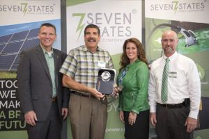 A group of people standing in front of a seven states sign