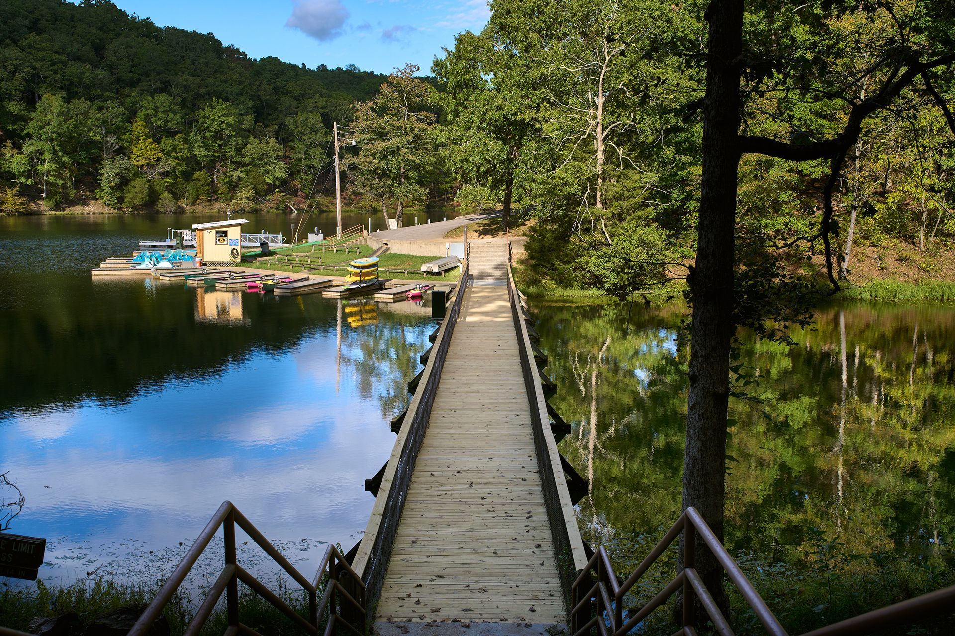 A wooden bridge over a lake surrounded by trees