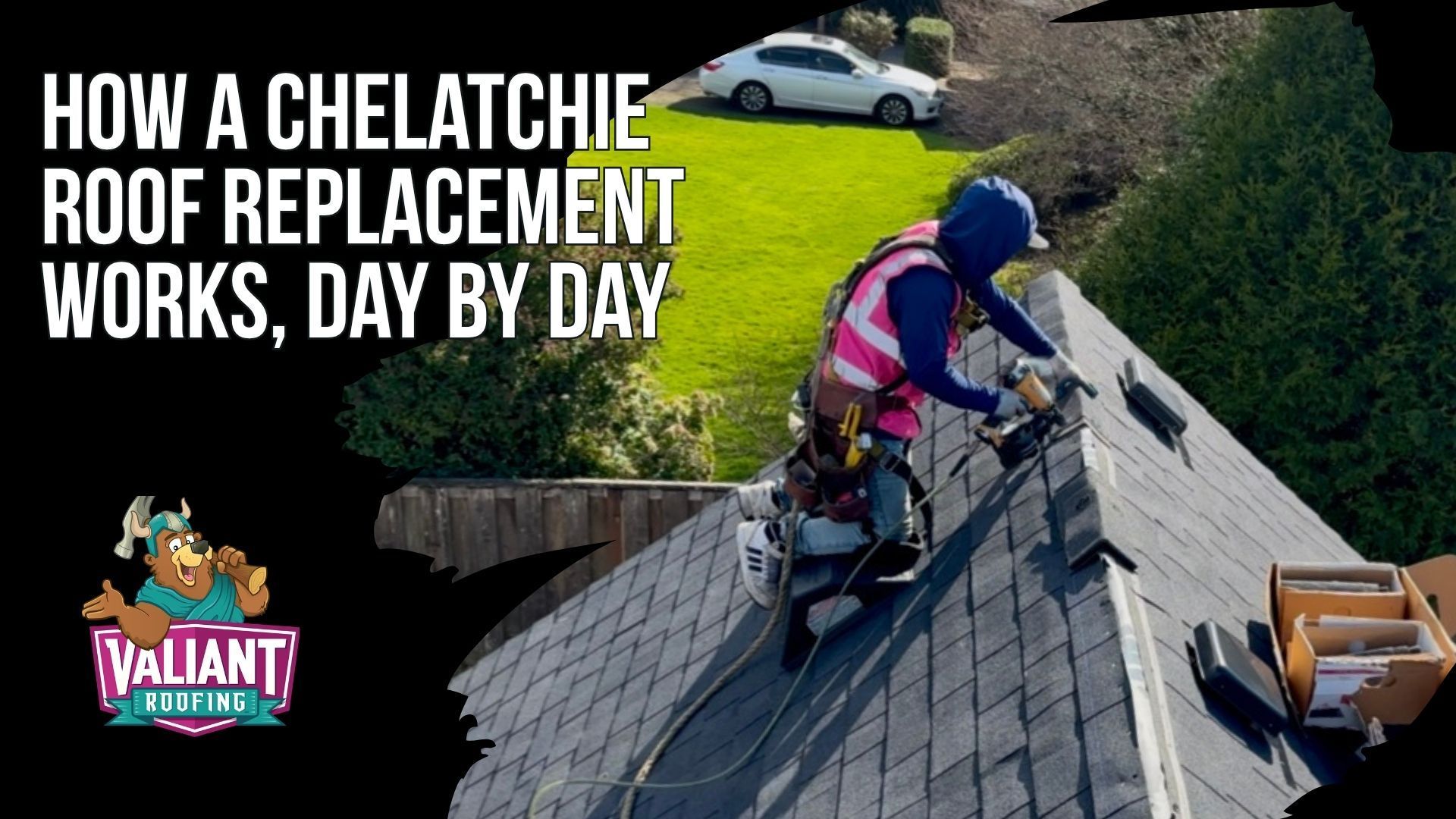How a Chelatchie Roof Replacement Works, Day by Day
A roofing crew moves through a Chelatchie, WA home in stages, from the inspector walking the slopes and attic on Day 0 to a tear-off down to bare plywood, rotted decking photographed before replacement, and a fresh Class A shingle system going on over synthetic underlayment, ice-and-water shield, drip edge, starter, field shingles, ridge vent, and ridge caps. A staged delivery of materials sits ready beside a tarped gravel drive, with landscaping, the well-head, septic vents, and HVAC unit covered. The view follows how a Chelatchie roof replacement works day by day with Valiant Roofing, an independent post-install inspector verifying the work and a magnetic nail sweep finishing the cleanup.
108 SE 124th Ave Suite 8, Vancouver, WA 98684
https://www.valiantroofing.com/locations/vancouver-wa