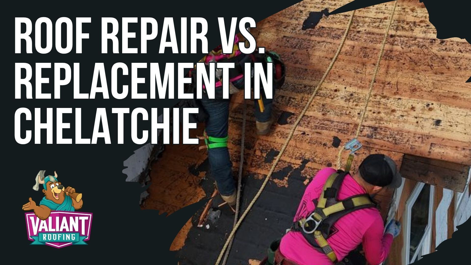 Two people in safety harnesses repair a residential roof, with text reading 