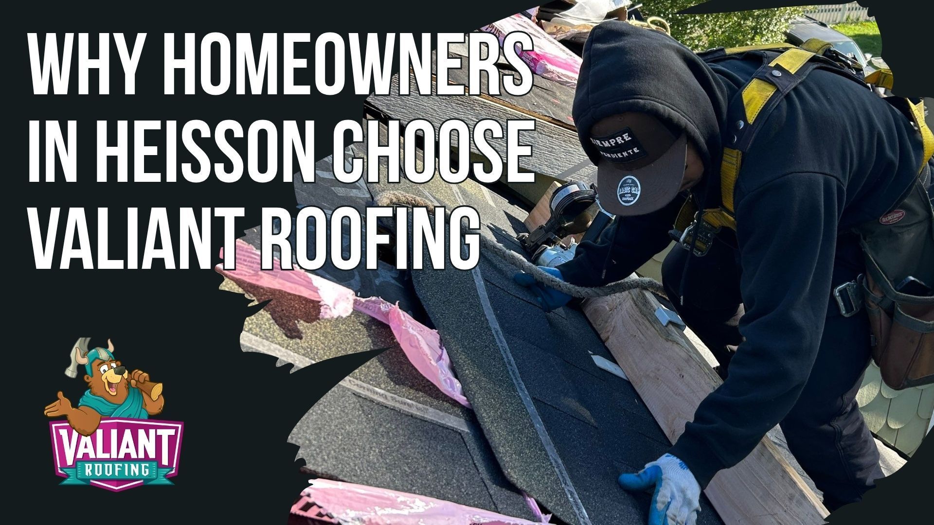 A roofer in work gear installs shingles on a roof. Text reads: 