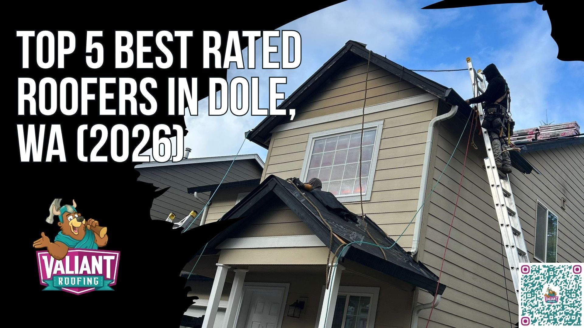 A worker on a ladder performs roof repairs on a two-story home, with text promoting top-rated roofers in Dole, WA.