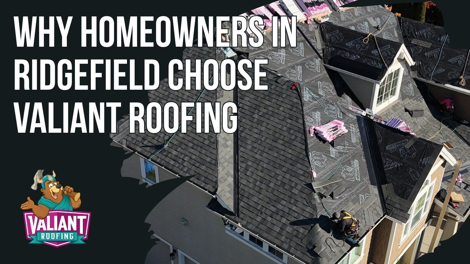 Aerial view of a home roof under repair, featuring the text 