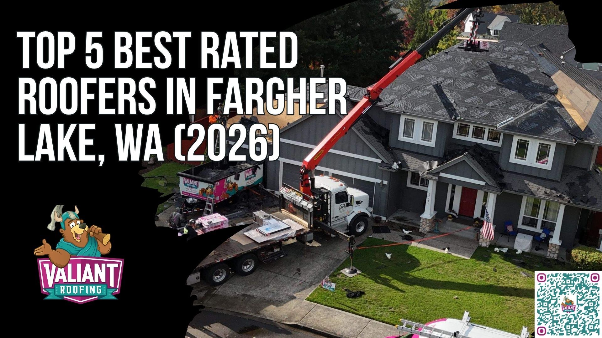 An aerial view of a house being roofed, with the title