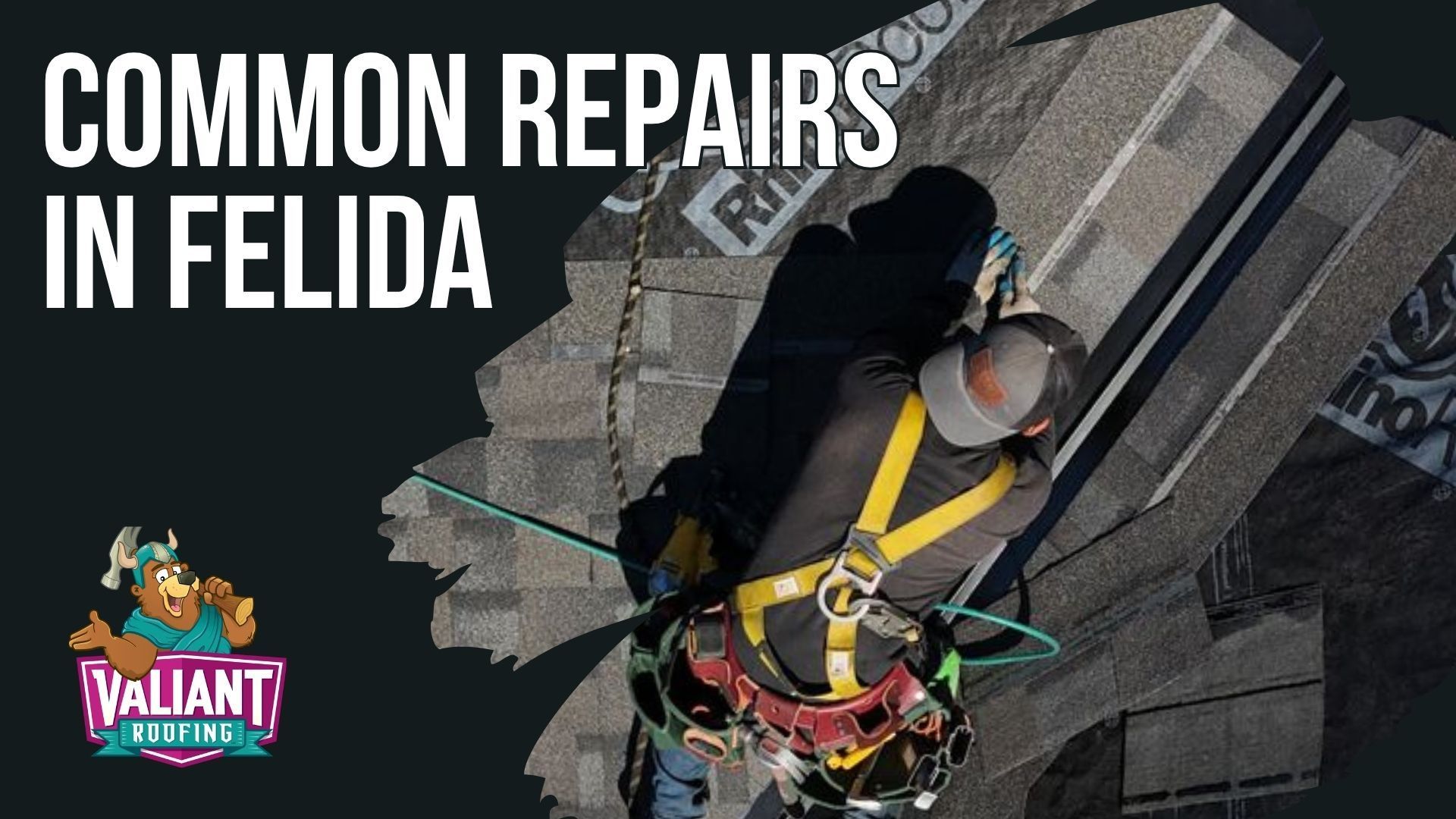 A roofer in a yellow safety harness works on a building roof. Text overlays read: 