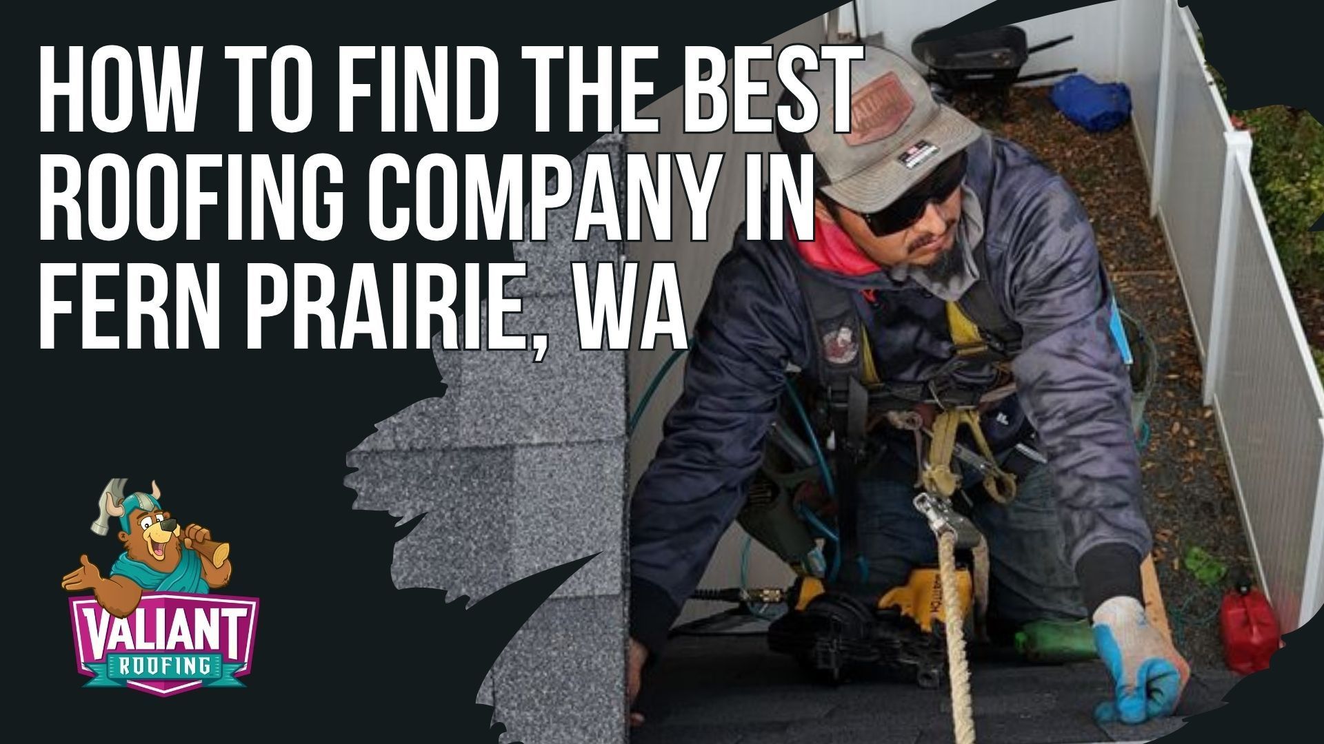 A worker in protective gear installs shingles on a roof, with the text 