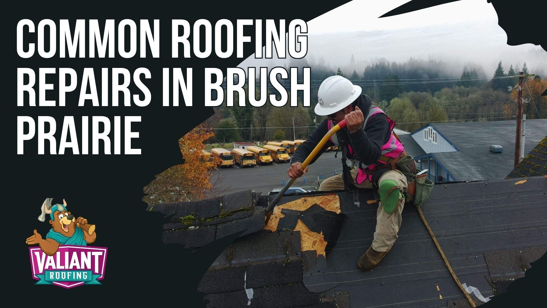 A roofer in a hard hat repairs shingles on a roof, with the text 