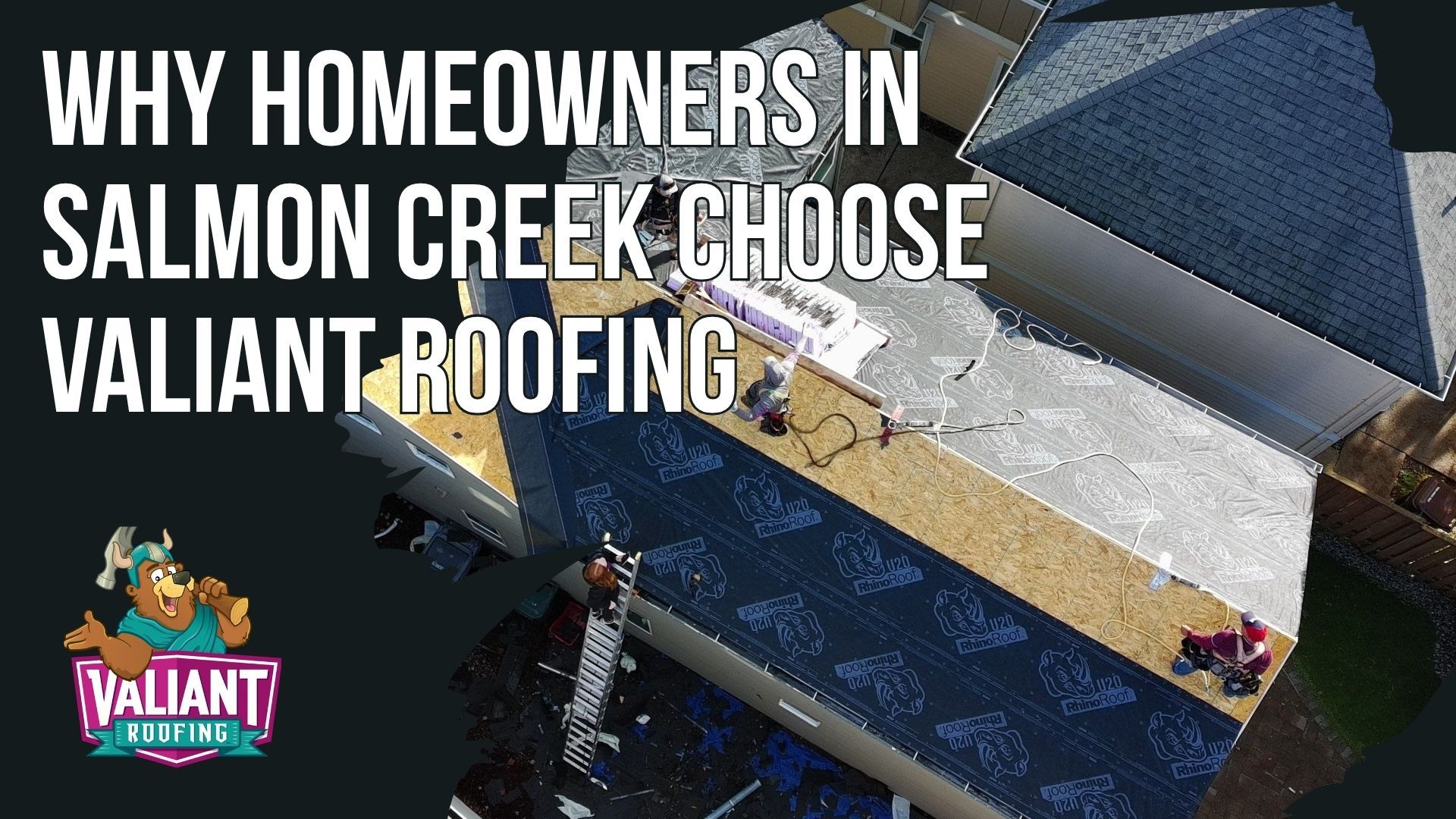 Aerial view of a home roof under repair with white text reading 