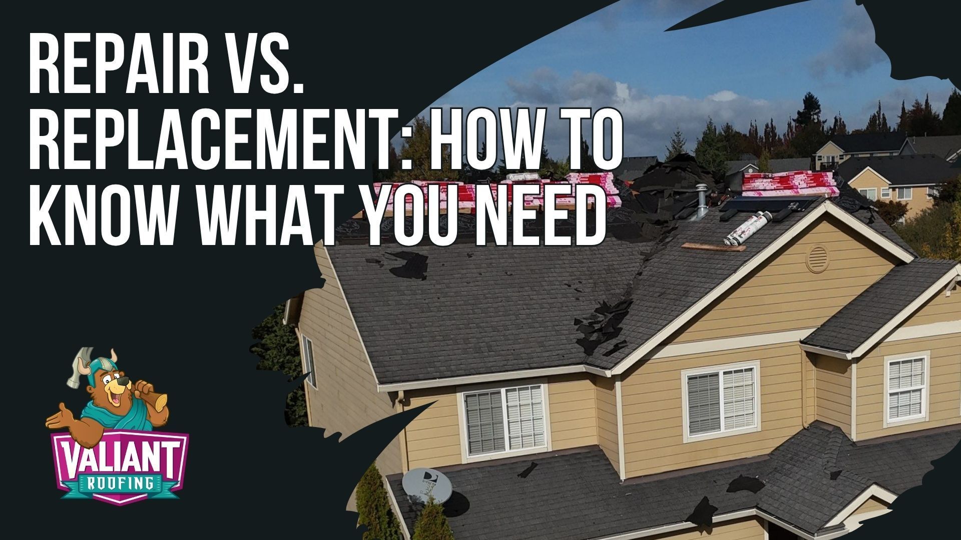 A suburban home with a dark shingled roof under a blue sky, with text overlay about roof repair versus replacement.