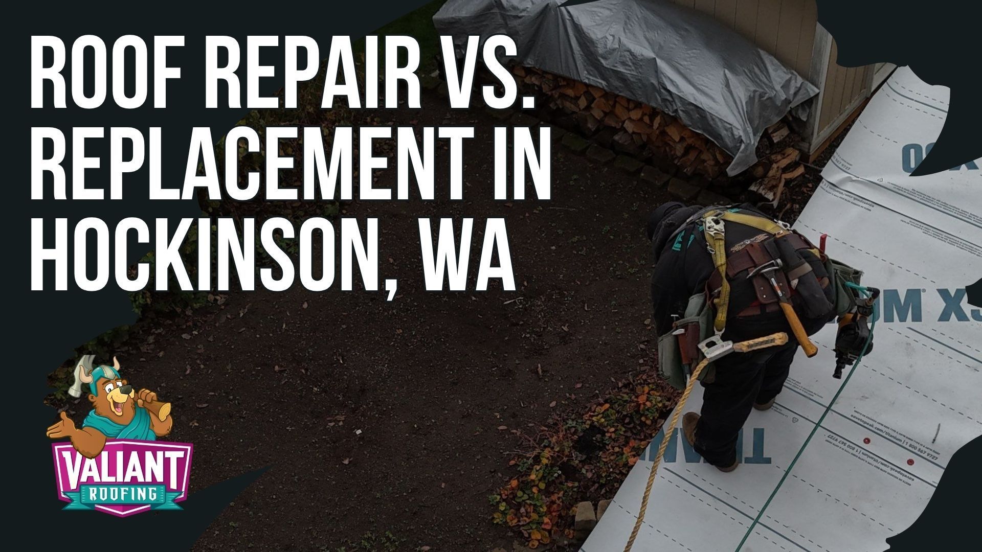 A roofer works on a house roof underlayment next to a tarp-covered wood pile, with the text 