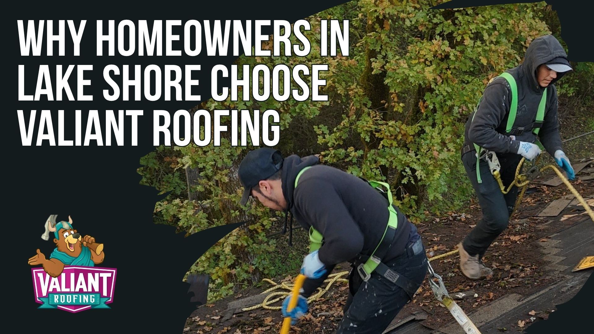 Two workers in safety gear and gloves remove debris from a roof. Text says 