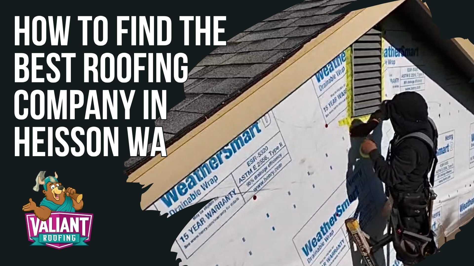 A construction worker measures a roof vent on a house under construction, with text about finding a Heisson, WA roofer.