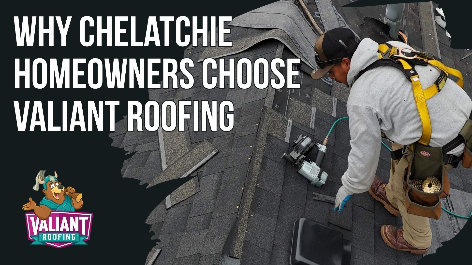 A roofer in safety gear installs shingles on a roof next to the text 