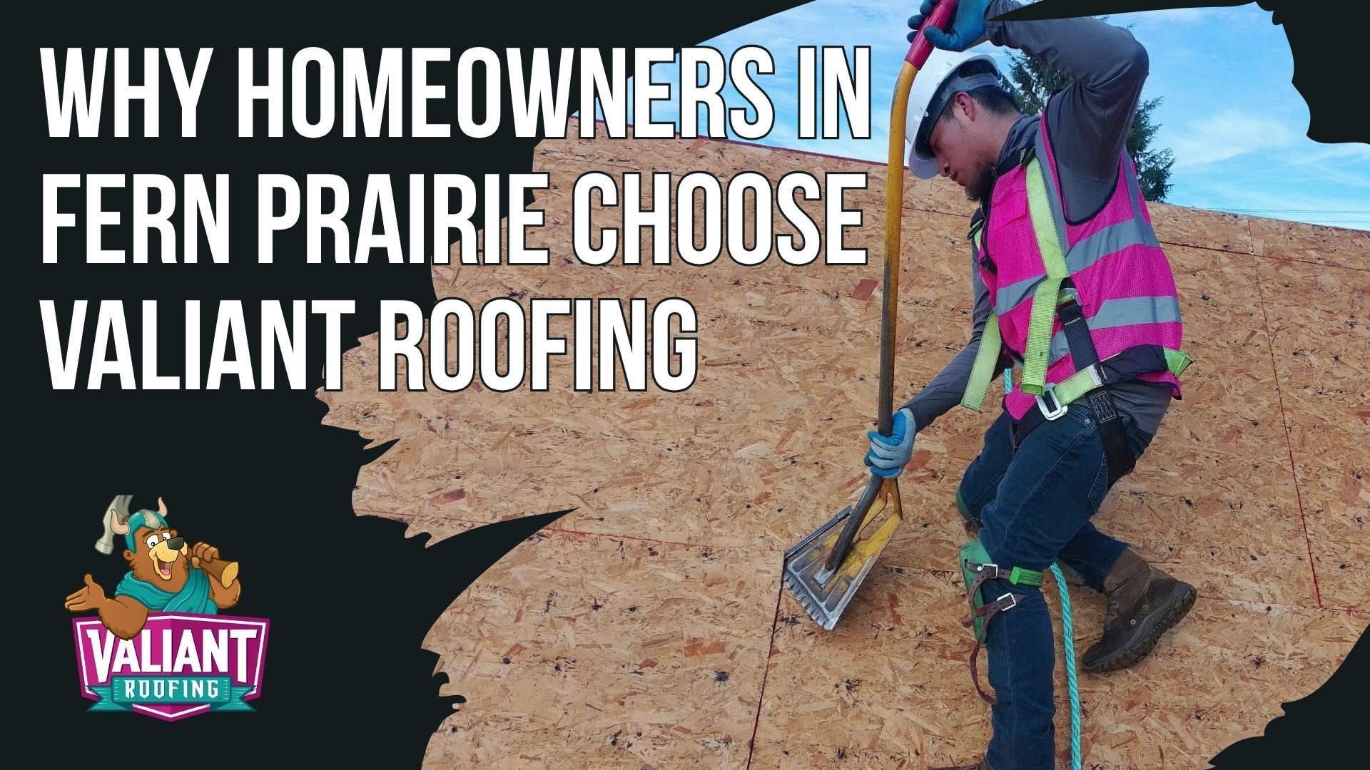 A roofer in safety gear scrapes a roof deck, next to the text 