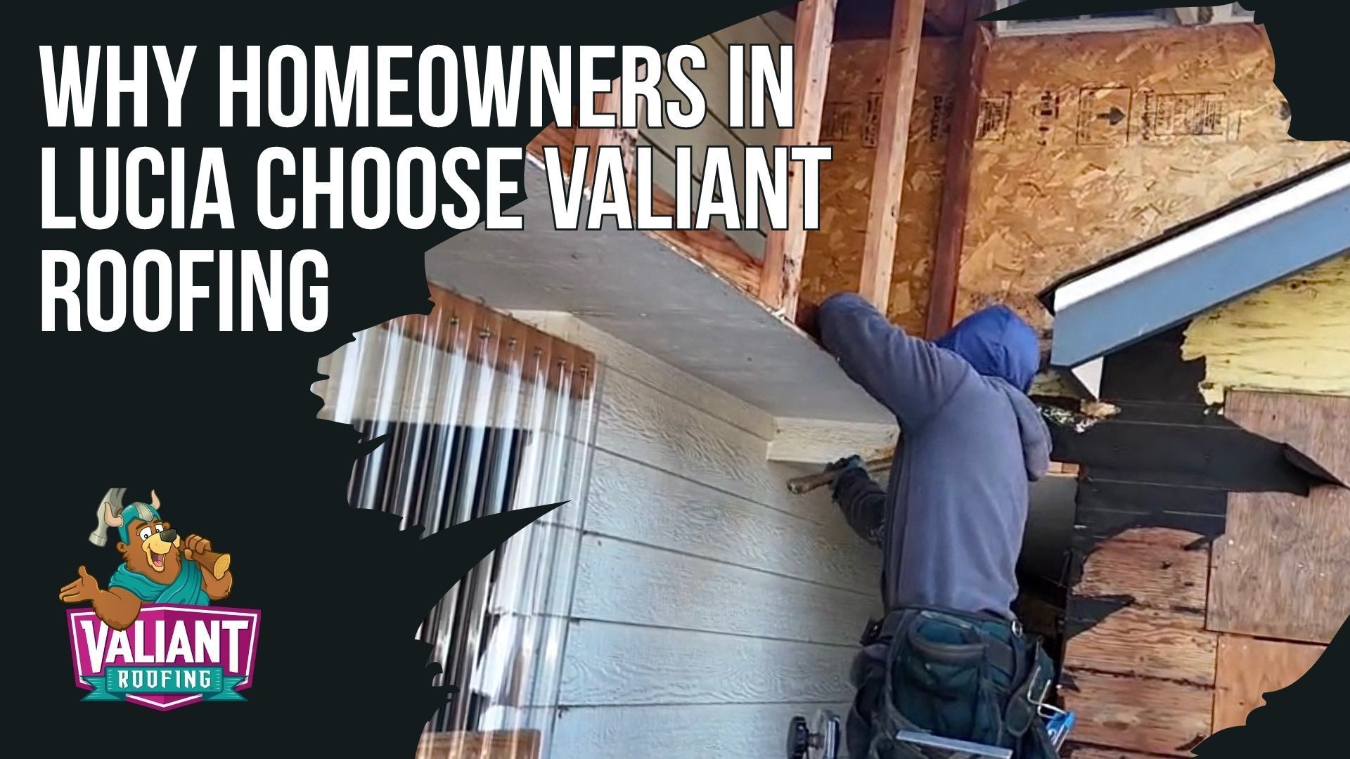 A construction worker installs roofing materials on a home exterior, with the text 