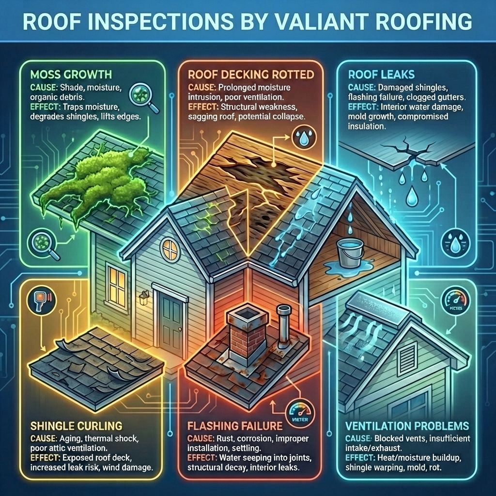 Roof inspection by Valiant Roofing, LLC. No-pressure check of shingles, flashing, valleys, penetrations, attic ventilation and decking, with photo documentation and a clear action plan. Common finds: moss, soft decking, leaks, curling or missing shingles, wind or hail damage, flashing failure, ventilation and gutter issues. Review: “Darrien took lots of pictures inside the attic, and around the roof. When he was done with his inspection he sent me a file with all the pictures and description's of everything going on with the roof. 10/10 would recommend!” Service areas: Vancouver, Camas, Ridgefield, Battle Ground, Washougal, Portland, Gresham.