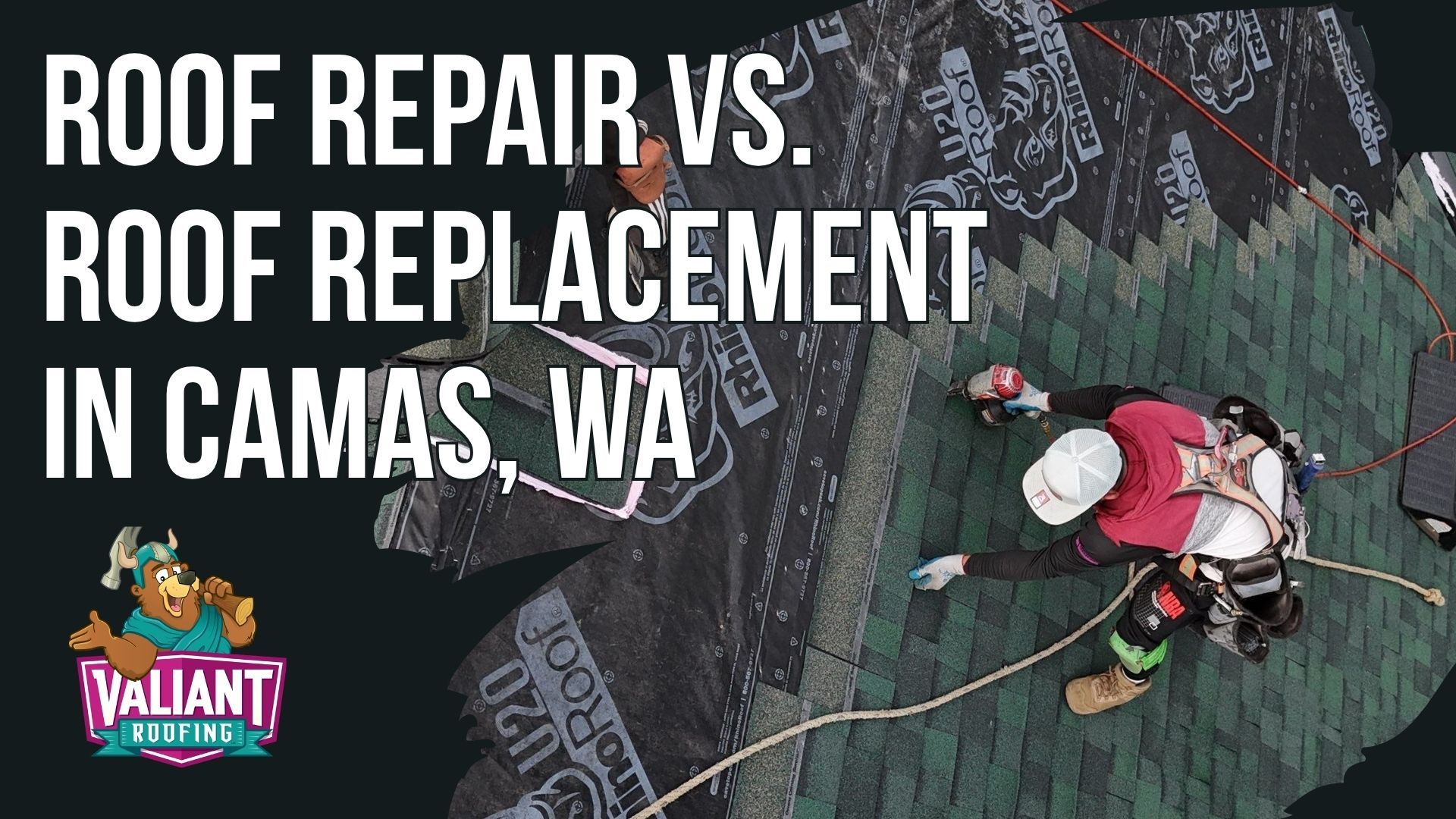 A roofer installs shingles on a roof. Text reads: 