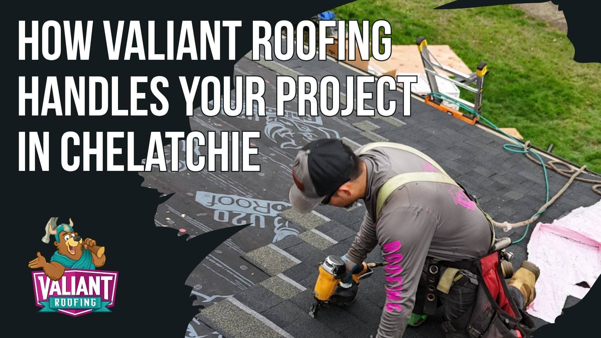 A roofer installs shingles on a sloped roof. The text reads 
