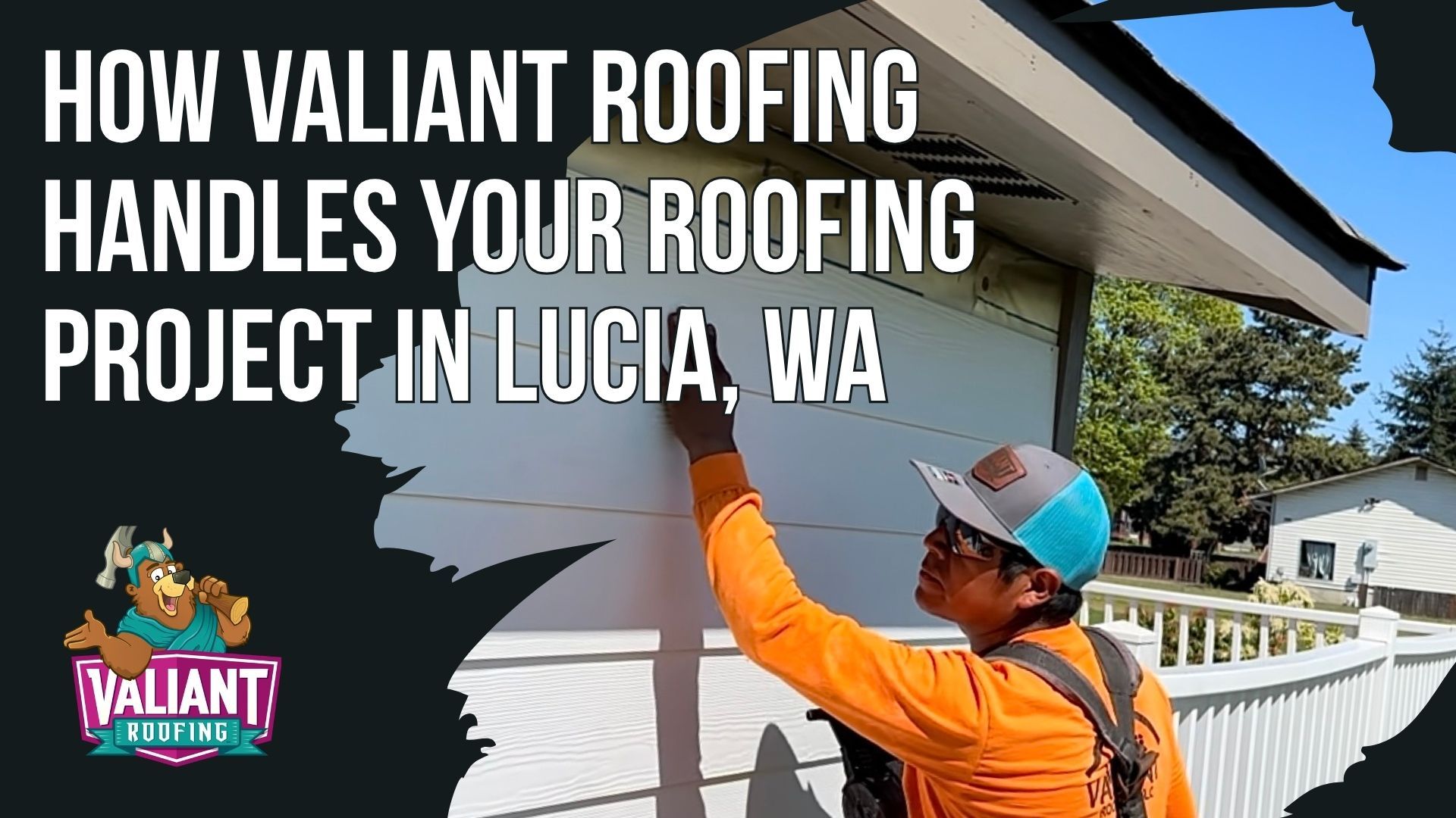A worker in an orange long-sleeve shirt inspects siding on a house. Text reads: 
