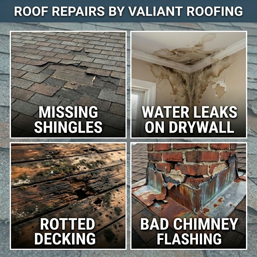 Roof repair by Valiant Roofing, LLC in Vancouver, WA. Fast leak diagnosis with photo documentation and repairs that stop water intrusion and prevent rot. Common fixes: missing or damaged shingles, roof leaks, storm or wind damage, rotting decking, and flashing repairs at vents and chimneys. Homeowners say 'communication was clear and timely' and 'they came out same day and repaired it.' Service areas: Vancouver, Camas, Ridgefield, Battle Ground, Washougal, La Center, Salmon Creek, Orchards, Felida, Five Corners, Portland, Gresham, Troutdale, Fairview, Corbett, Wood Village, Mount Vista, Hockinson, Brush Prairie. Roof repair near me in Yacolt.