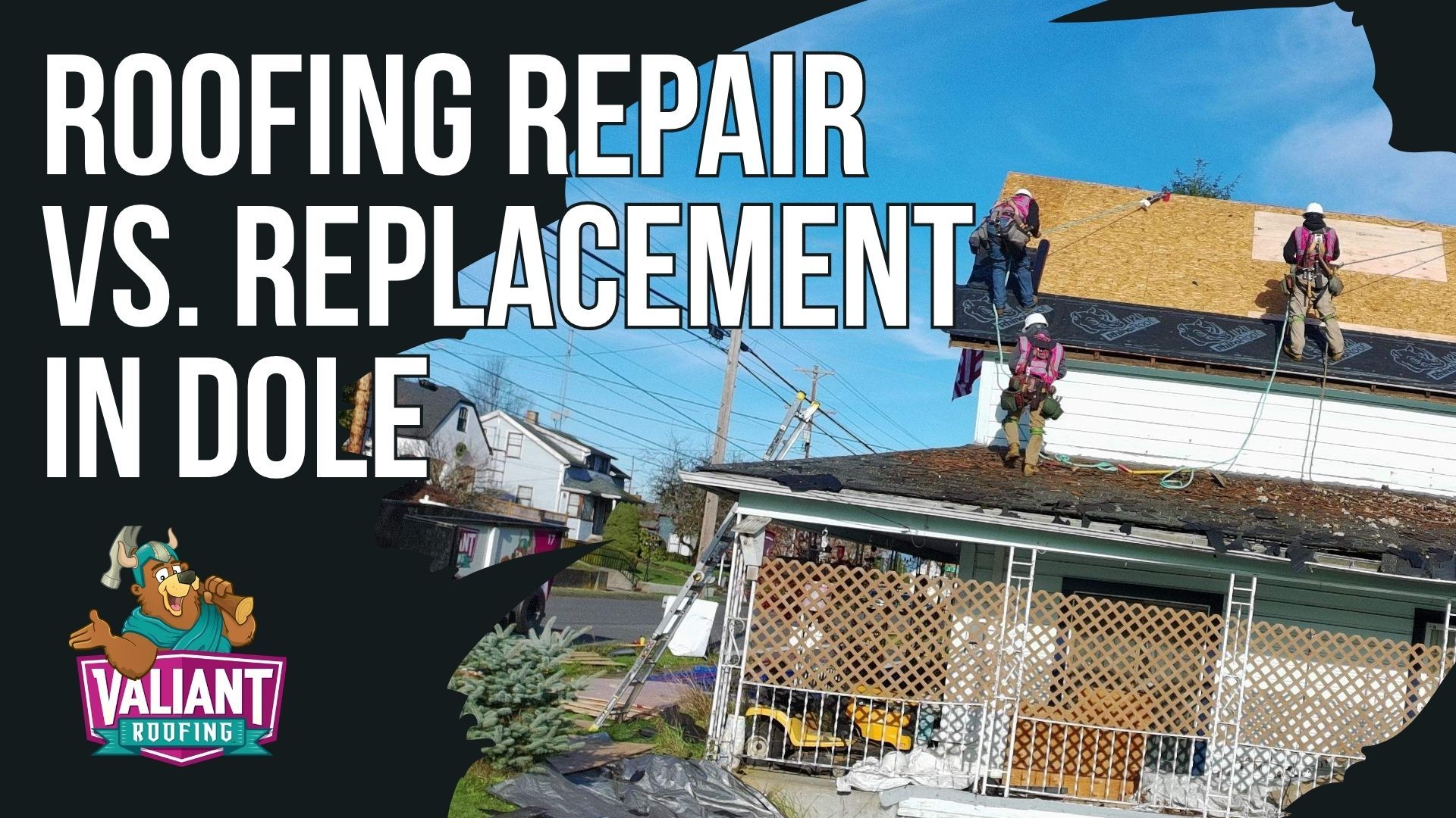 Three workers repair a residential roof, with the text 