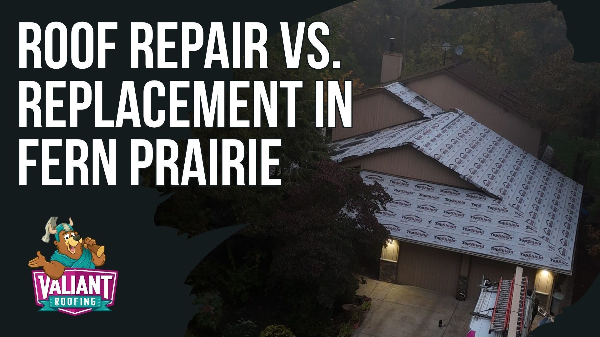 Aerial view of a house undergoing roof replacement, with text overlay: 