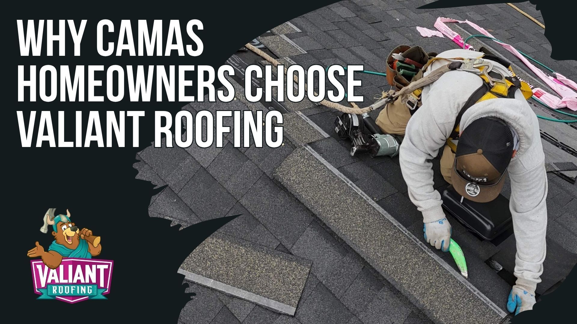 A roofer works on a shingled roof next to the Valiant Roofing logo and text: 