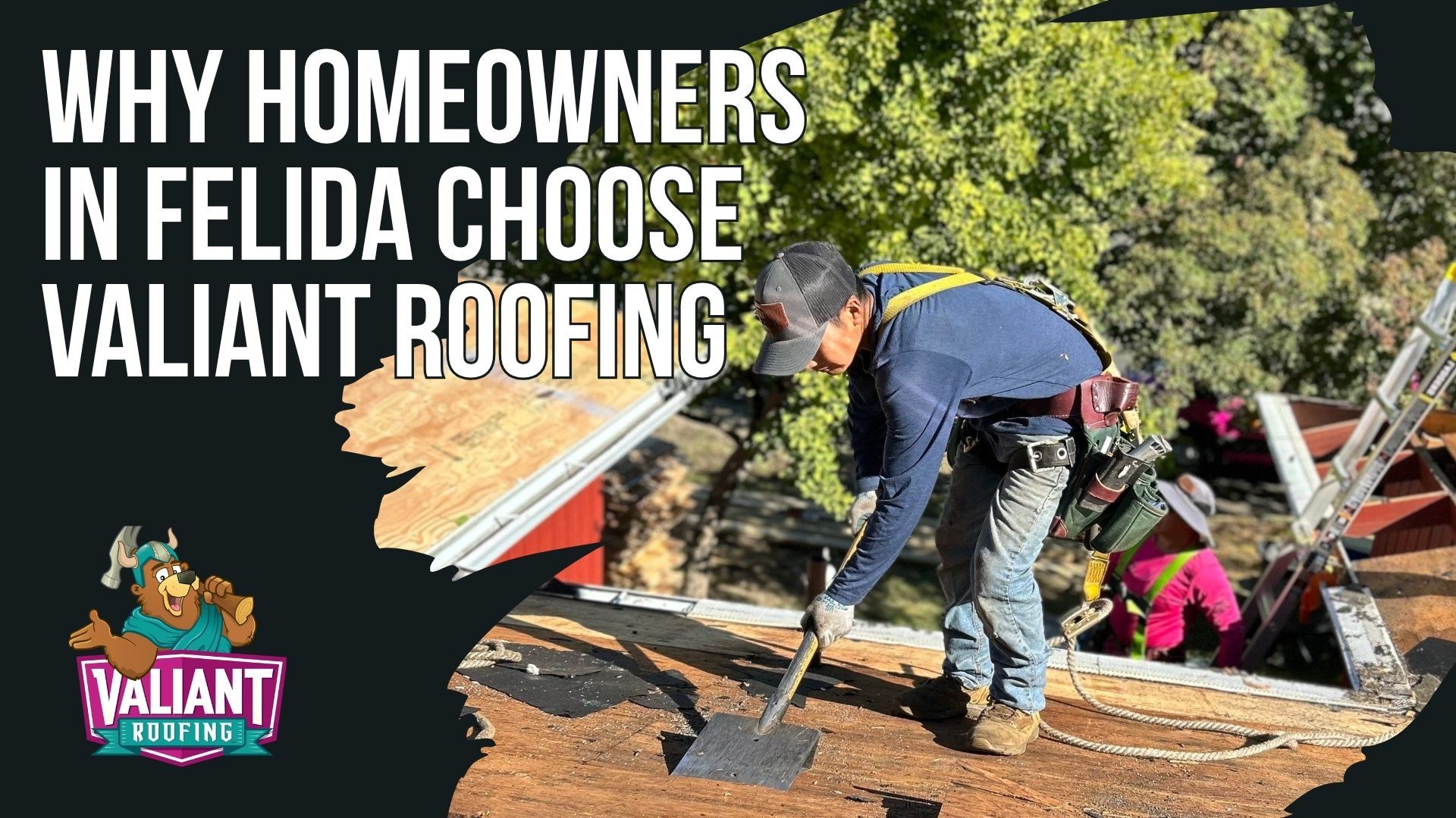 A worker removes old roof shingles. The overlay reads: 
