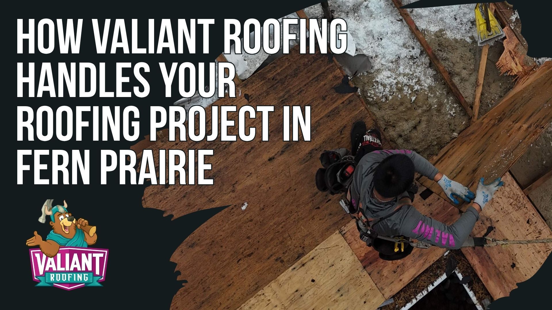 A worker wearing a harness repairs a wooden roof. The text 