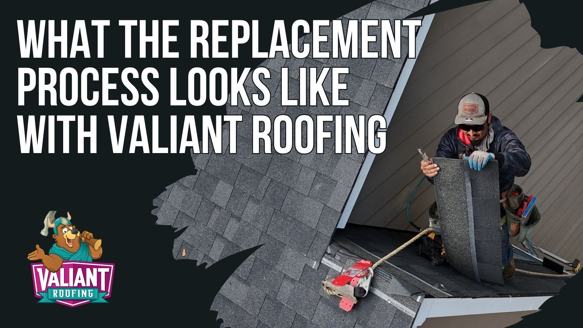 A roofer works on a shingled roof next to text titled, 