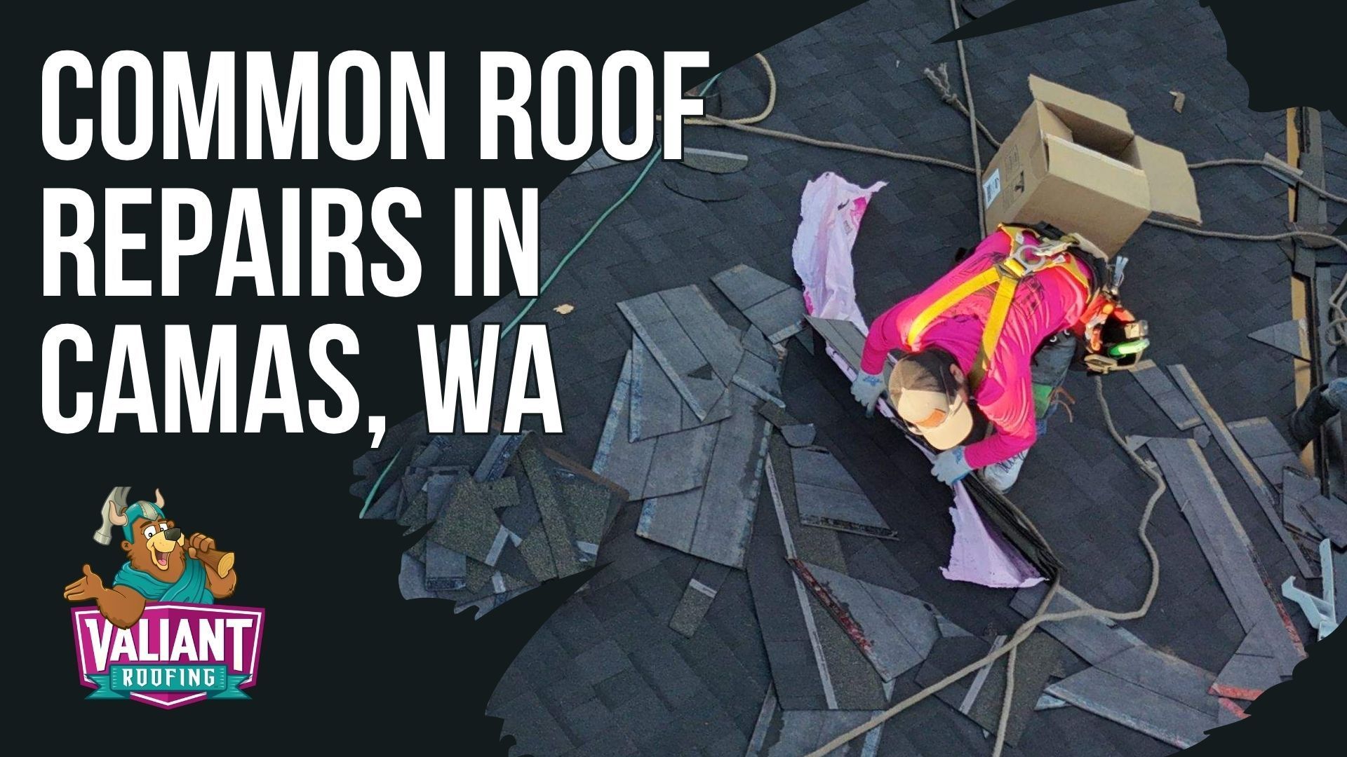 A worker in a bright pink jacket on a roof with scattered shingles, titled 