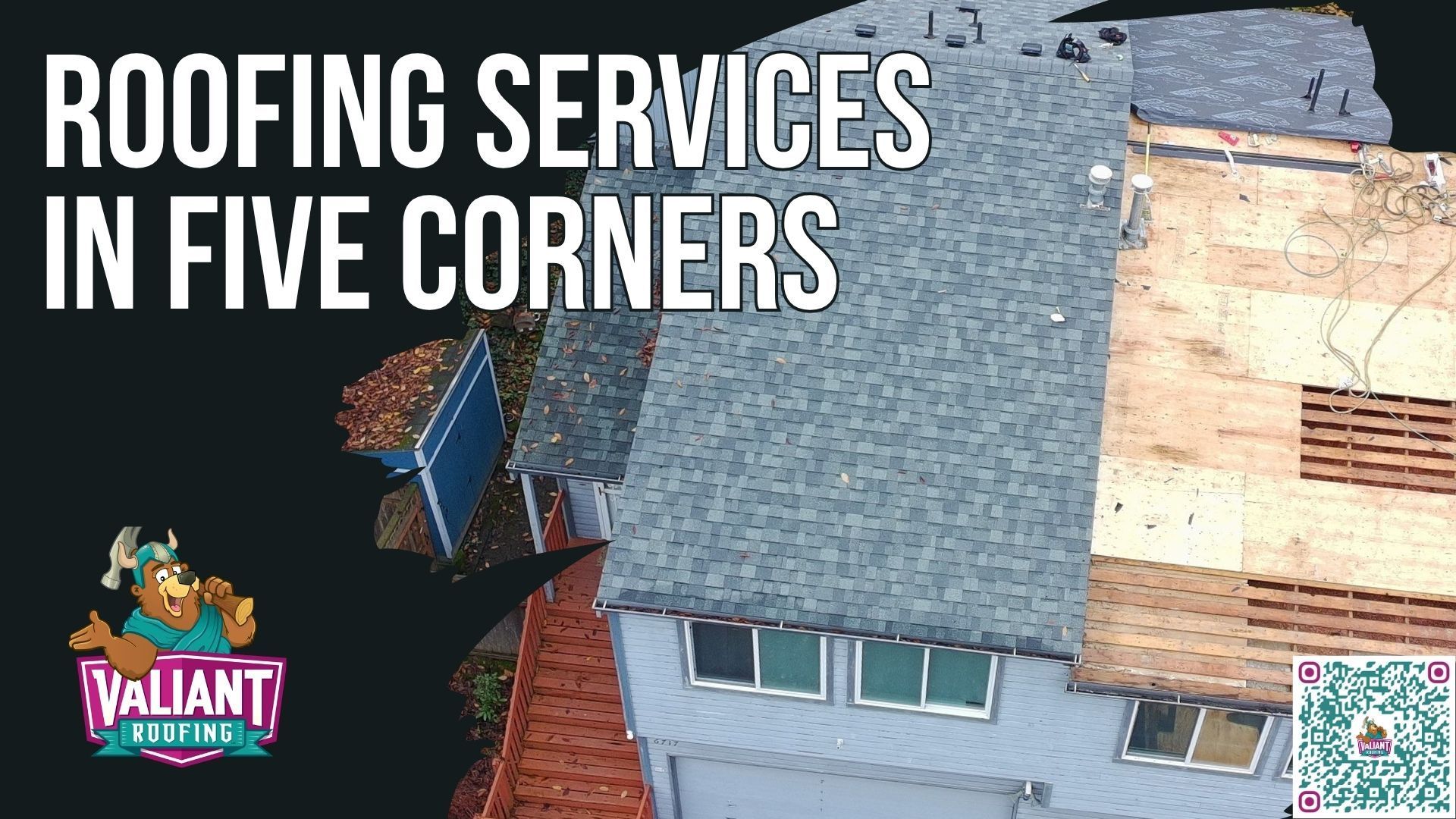 Roof repair roofing company emergency leak fix residential home Five Corners WA Valiant Roofing crew actively repairing damaged asphalt shingles on a pitched residential roof after wind and storm damage, focusing on flashing repair, valley sealing, and targeted shingle replacement to stop active leaks. Technician uses roofing tools and safety equipment while inspecting surrounding materials for hidden damage and ensuring proper installation standards. This image highlights a licensed roofing contractor delivering fast response services with same day or next day repairs, material matching for seamless results, and clear communication with homeowners. The outcome is a secure, leak free roof that restores protection, prevents further damage, and gives homeowners confidence their home is fully covered.