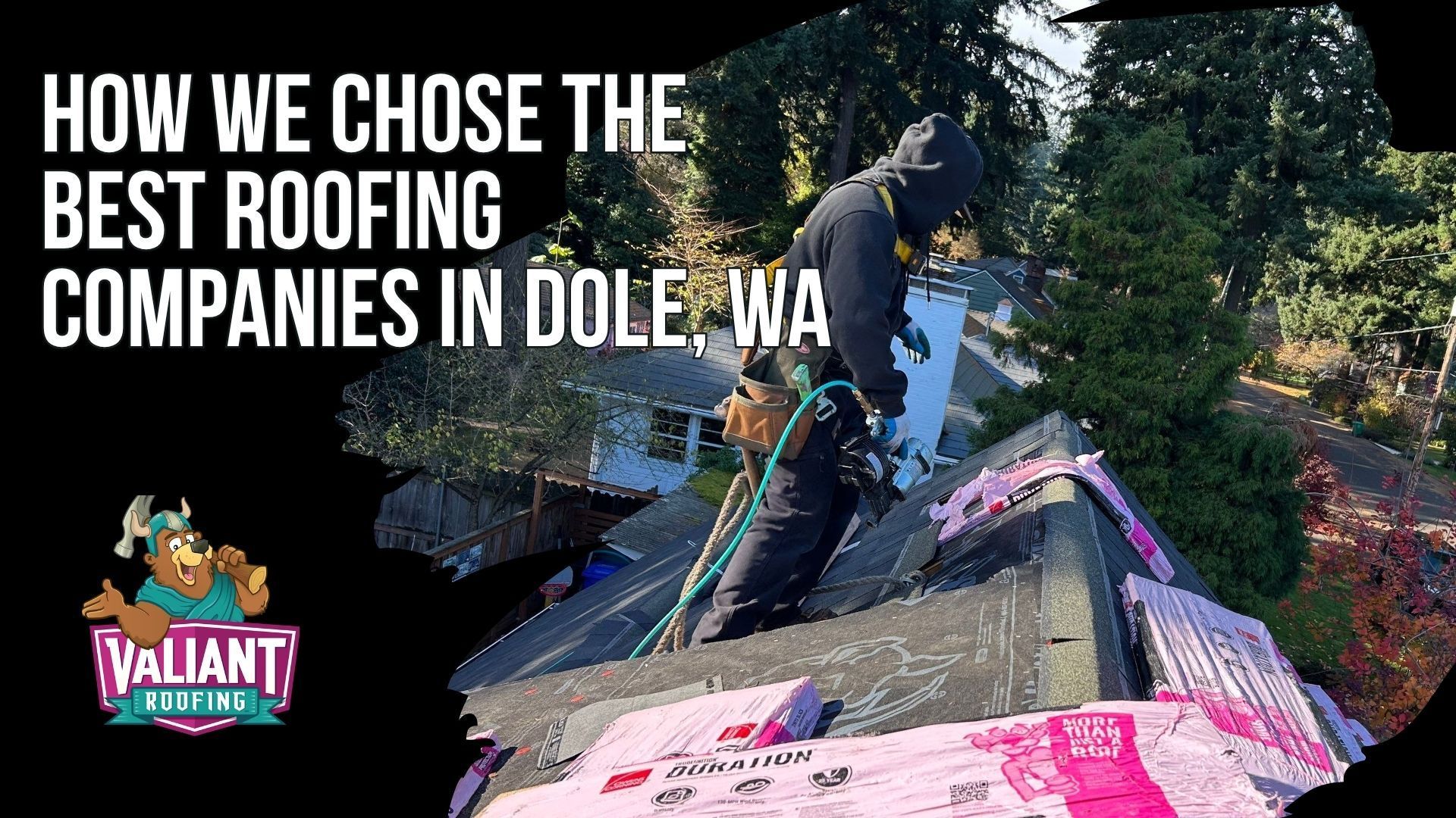 A roofer wearing safety gear works on a sloped roof with pink insulation, next to the Valiant Roofing company logo.